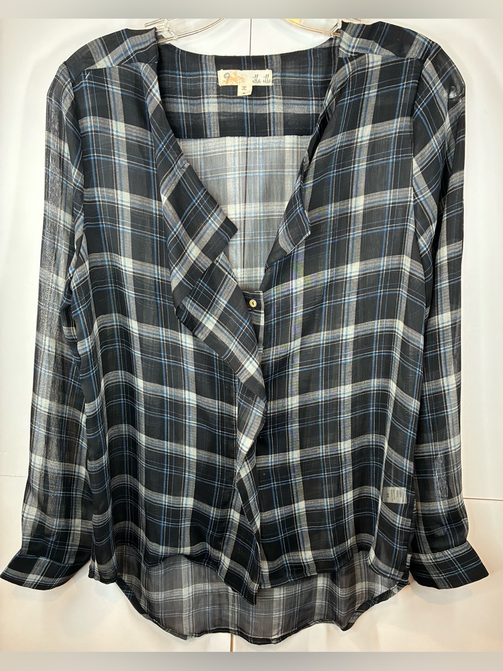 Illa Illa Women's Black Blue Plaid Sheer Long Sleeve Split Neck Blouse Medium